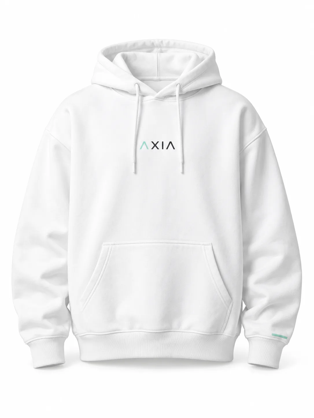 Mockup conceptual de Quiet Hoodie AXIA, Blanco / carbón y menta