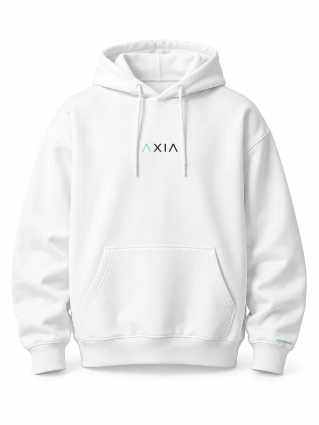 Mockup conceptual Quiet Hoodie AXIA, Blanco / carbón y menta
