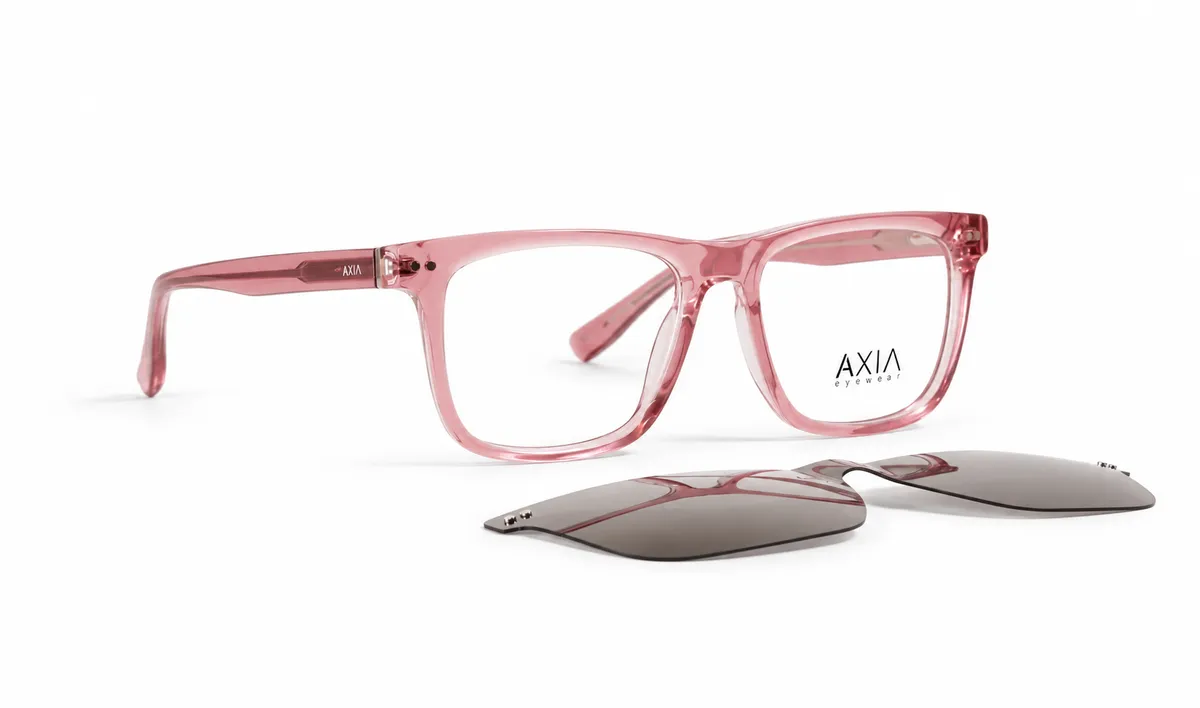 Montura con clip AXIA Clip Rosa, rosa translúcido · clip humo, vista casi lateral con clip separado