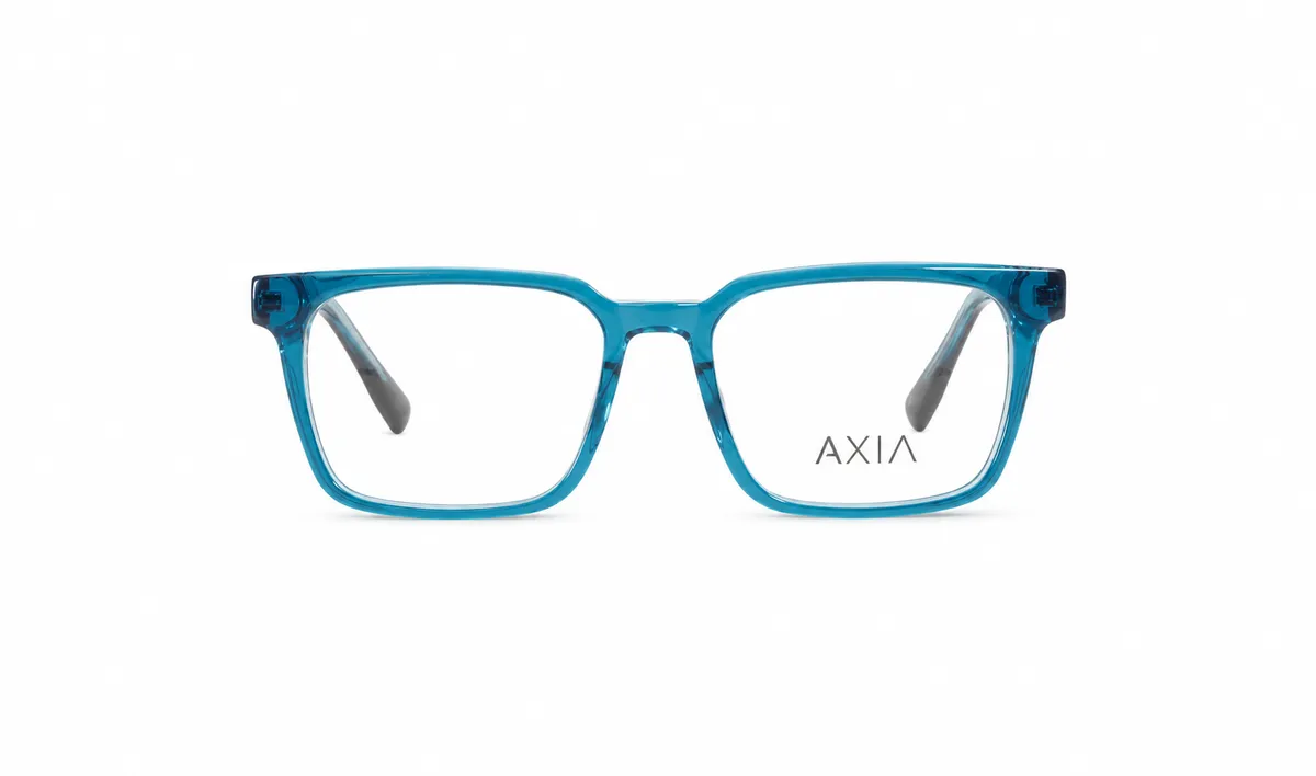 Armazón óptico AXIA Azul Laguna, azul turquesa translúcido · patillas gris azulado, vista frontal