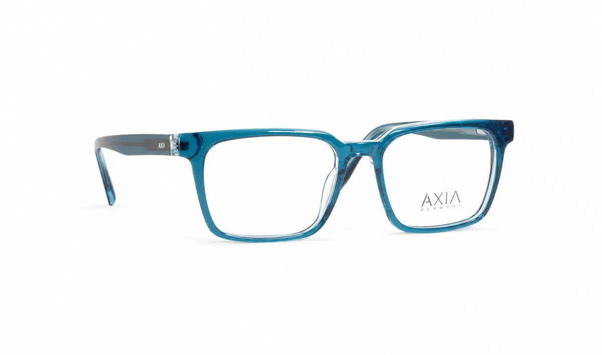 Armazón óptico AXIA Azul Laguna, azul turquesa translúcido · patillas gris azulado, vista casi lateral