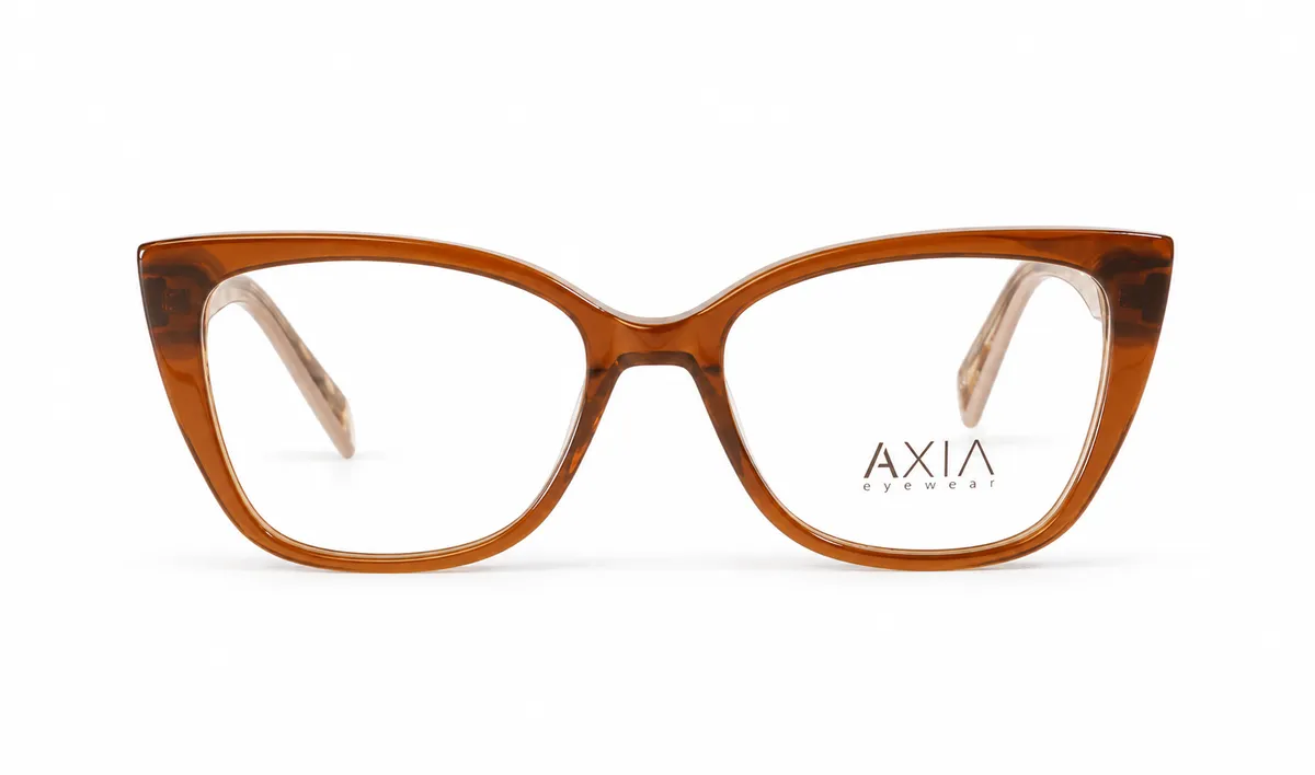 Armazón óptico AXIA Caramelo, café caramelo · patillas translúcidas con vetas, vista frontal
