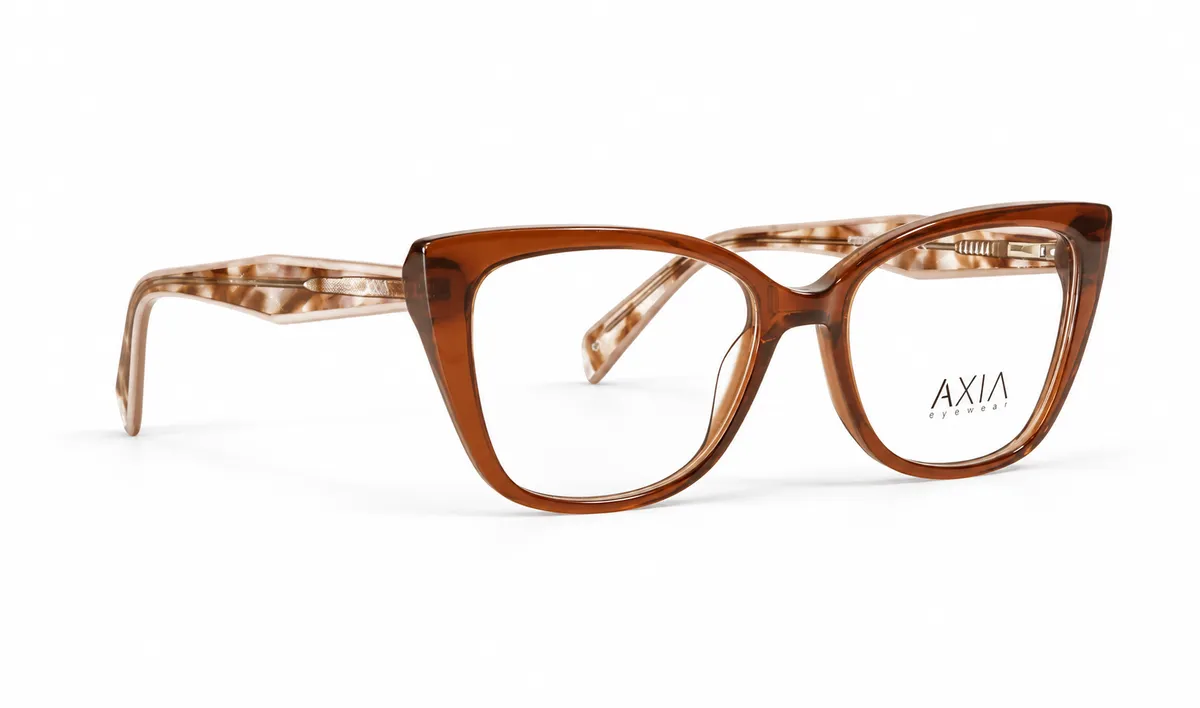 Armazón óptico AXIA Caramelo, café caramelo · patillas translúcidas con vetas, vista casi lateral